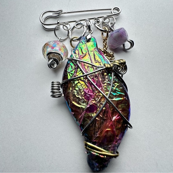 Collage Brooch Artisan Multicolor Wire-Wrapped Pin handmade - Picture 2 of 15